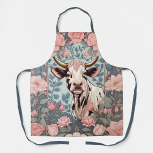 Cute Cow with Pink Floral Background Apron