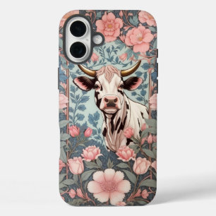 Cute Cow with Pink Floral Background iPhone 16 Plus Case