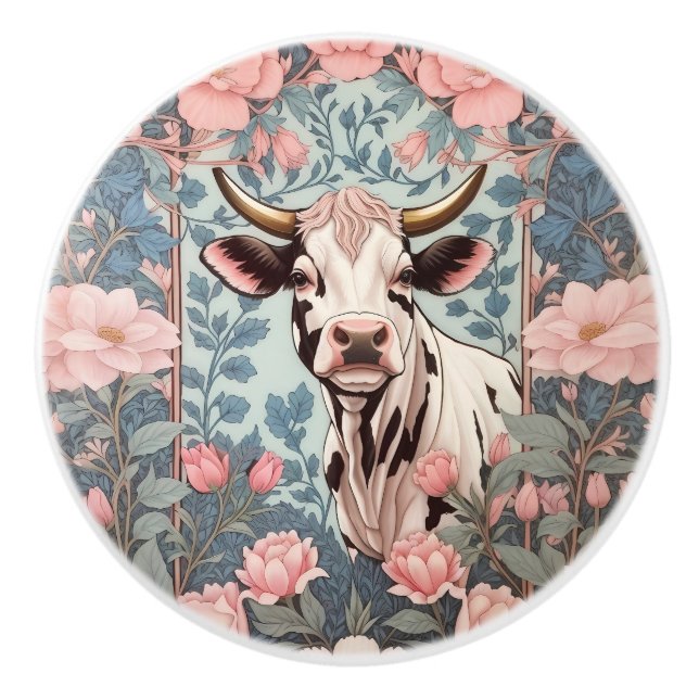 Cute Cow with Pink Floral Background Ceramic Knob (Front)