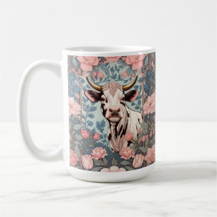 Cute Cow with Pink Floral Background Coffee Mug