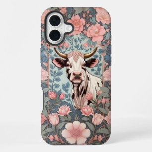 Cute Cow with Pink Floral Background iPhone 16 Plus Case