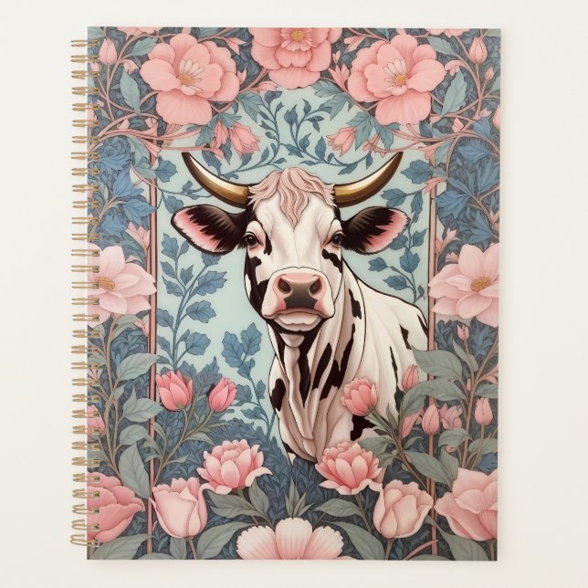 Cute Cow with Pink Floral Background Planner (Front)