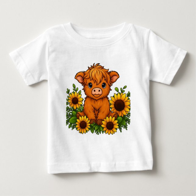 Cute Cow with Sunflowers Baby T-Shirt (Front)