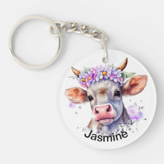 Cute cow with your name floral watercolor farm key ring