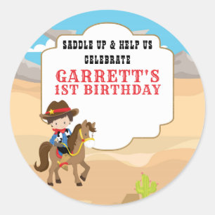 Cute Cowboy 1st Birthday Party Classic Round Sticker