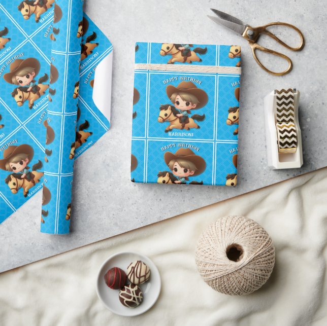 Cute Cowboy and Horse Western Birthday Blue Wrapping Paper (Crafts)