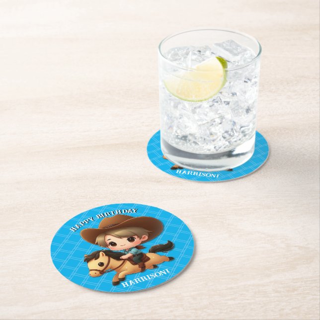 Cute Cowboy and Horse Western Birthday Round Paper Coaster (Insitu)
