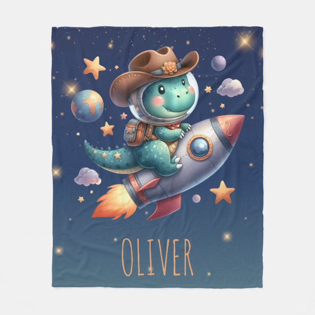 Cute Cowboy Astronaut Dinosaur Riding Space Rocket Fleece Blanket (Front)
