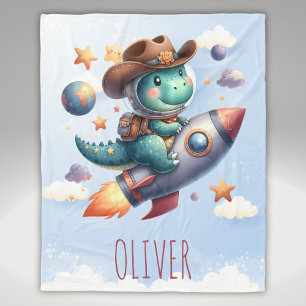 Cute Cowboy Astronaut Dinosaur Riding Space Rocket Fleece Blanket
