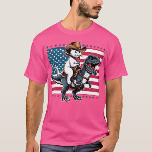 Cute Cowboy Cat Riding Dinosaur Usa Flag T-Rex 4Th T-Shirt