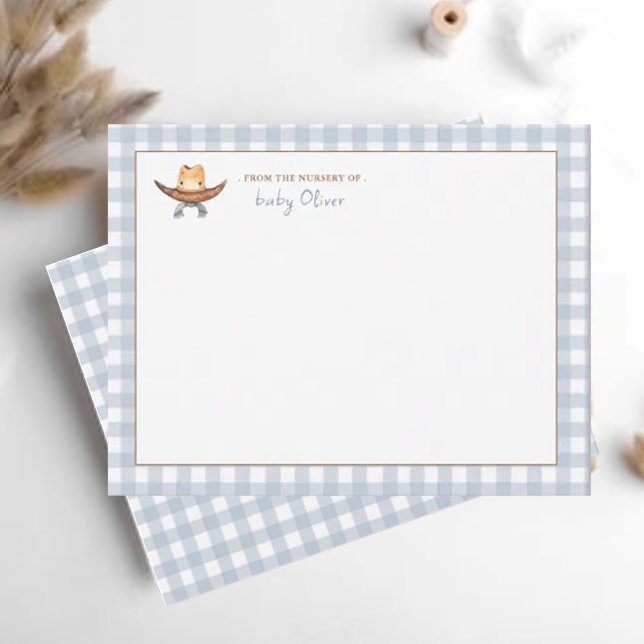 Cute Cowboy Hat Blue Gingham Personalised Thank You Card (Creator Uploaded)