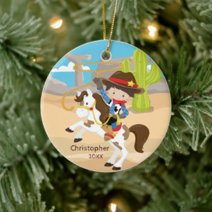 Cute Cowboy Horseback Boy Christmas Ornament