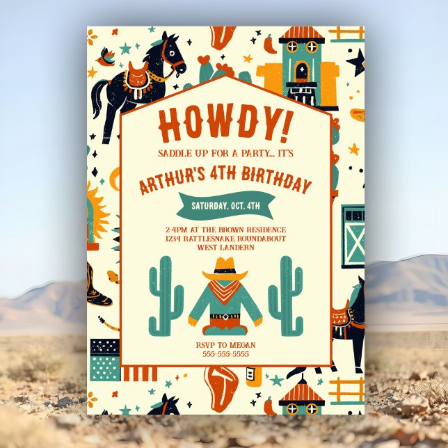 Cute Cowboy Kids Birthday Whimsical Wild Western Invitation (Whimsical cowboy birthday invite with playful wild west art in trendy southwest desert colors.)