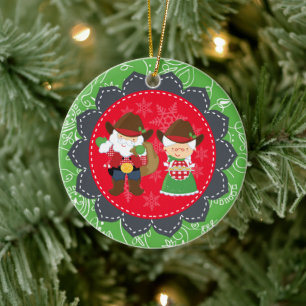 Cute Cowboy Santa and Mrs Clause 1st Christmas Ceramic Tree Decoration