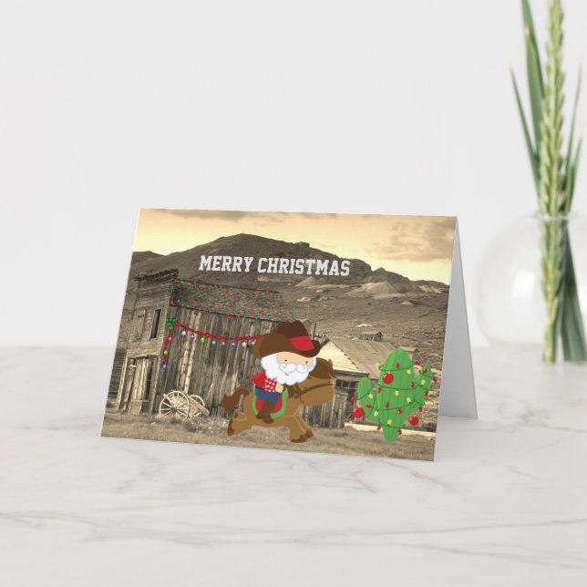 Cute Cowboy Santa Riding Horse Western Christmas Holiday Card (Front)