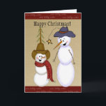 Cute Cowboy Snowman Christmas Holiday Card<br><div class="desc">Personalise this cute cowboy snowman created by Missouri artist Deborah Miller. The snowmen sit atop a burlap background with burgundy border top and bottom.</div>