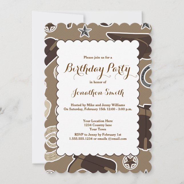 Cute Cowboy Theme Brown Birthday Party Invitation (Front)
