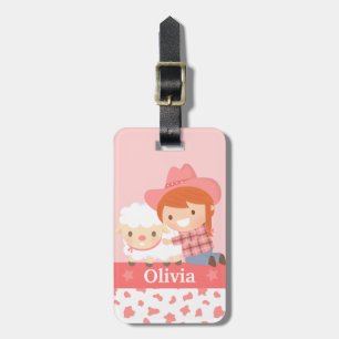 Cute Cowgirl and Lamb Girls Personalised Pink Luggage Tag