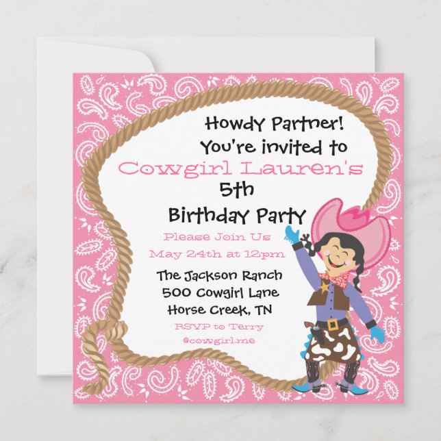Cute cowgirl birthday party lasso Invitation Card (Front)