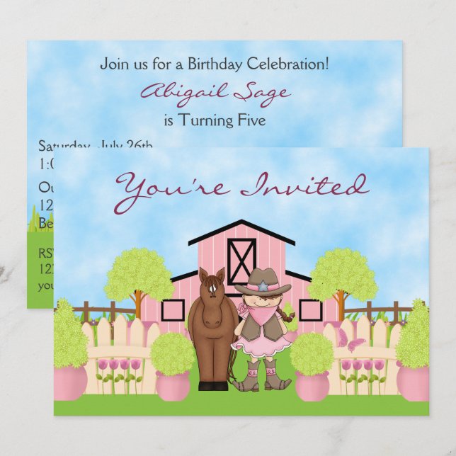 Cute Cowgirl, Brown Horse and Pink Barn Birthday Invitation (Front/Back)