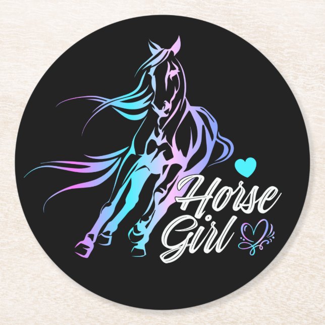 Cute Cowgirl  Equestrian Black Western Party Horse Round Paper Coaster (Front)
