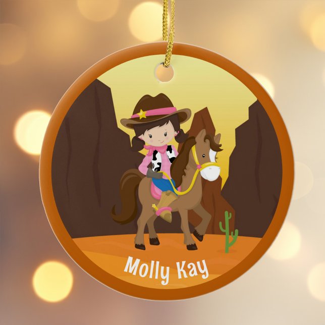 Cute Cowgirl Personalised Kids Name Christmas Ceramic Tree Decoration (Creator Uploaded)