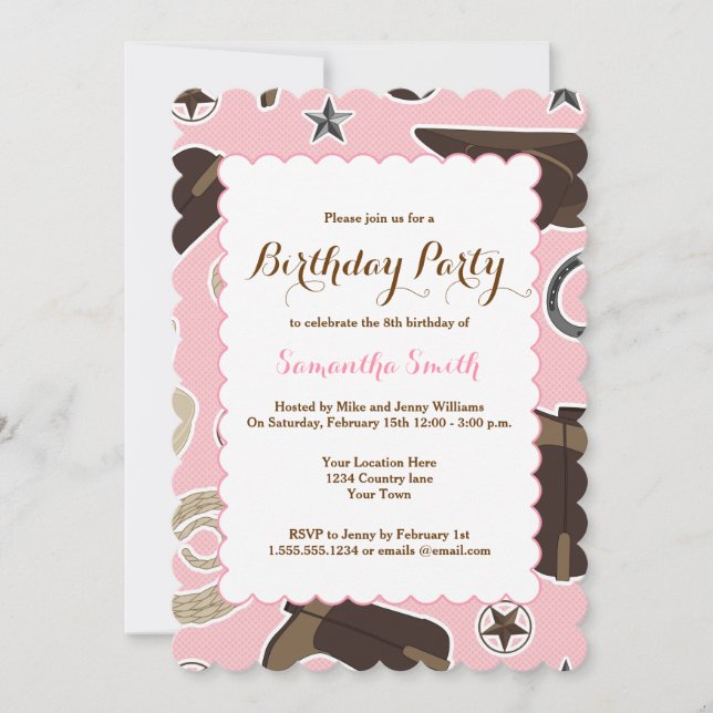 Cute Cowgirl Theme Pink Birthday Party Invitation (Front)