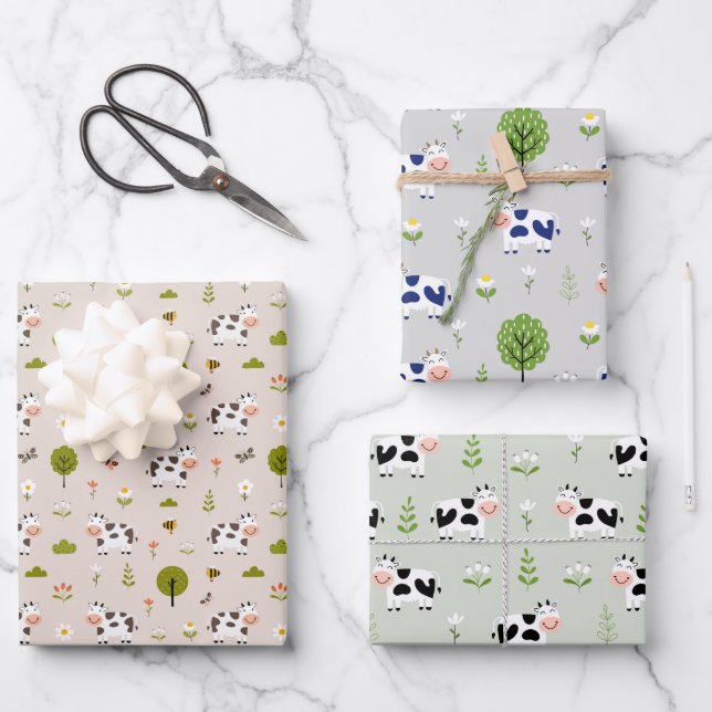 Cute Cows and flowers Wrapping Paper Sheet (Front)