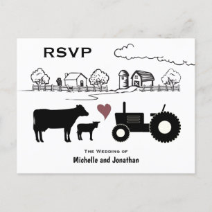 Cute Cows and Tractor Country Farm Wedding RSVP Postcard