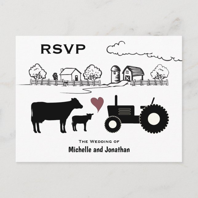 Cute Cows and Tractor Country Farm Wedding RSVP Postcard (Front)