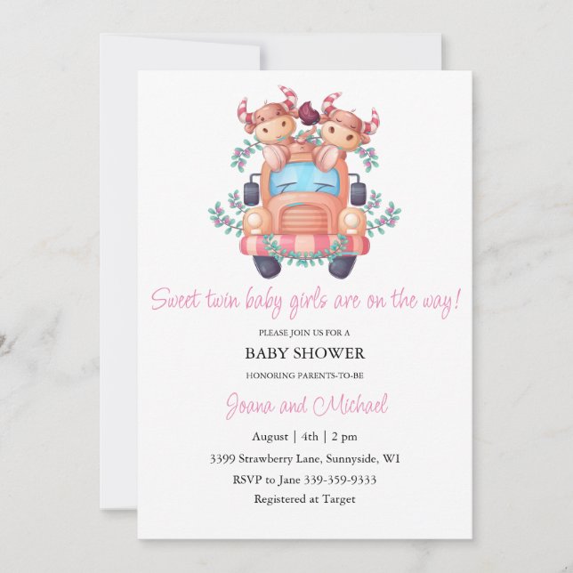 Cute Cows Pink Car Twin Girls Baby Shower  Invitation (Front)