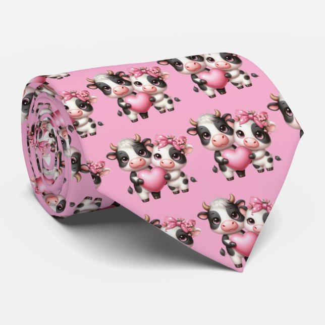 Cute Cows Pink Heart Tie (Rolled)