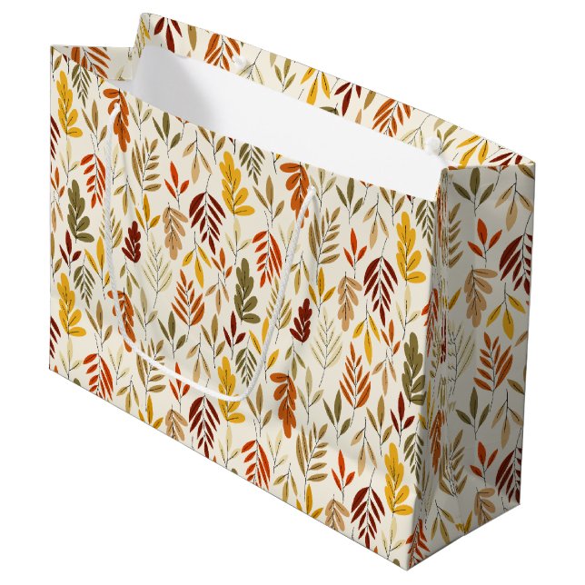 Cute Cozy Fall Leaves Pattern Large Gift Bag (Front Angled)