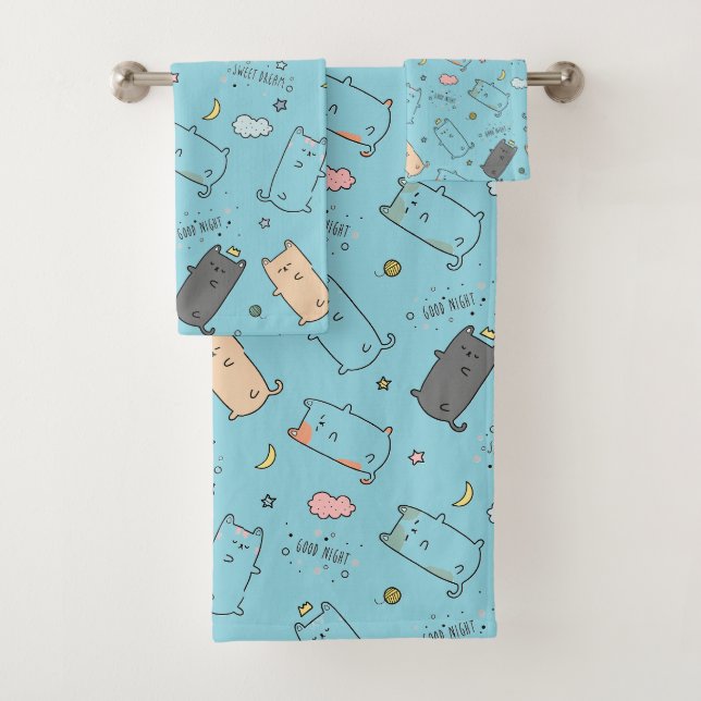 Cute & Cozy Sleepy Cat Dreams Pattern Bath Towel Set (Insitu)