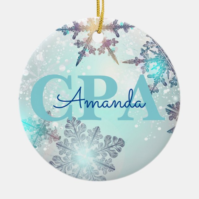Cute CPA Ice Blue Snowflake Personalised Name  Ceramic Tree Decoration (Front)