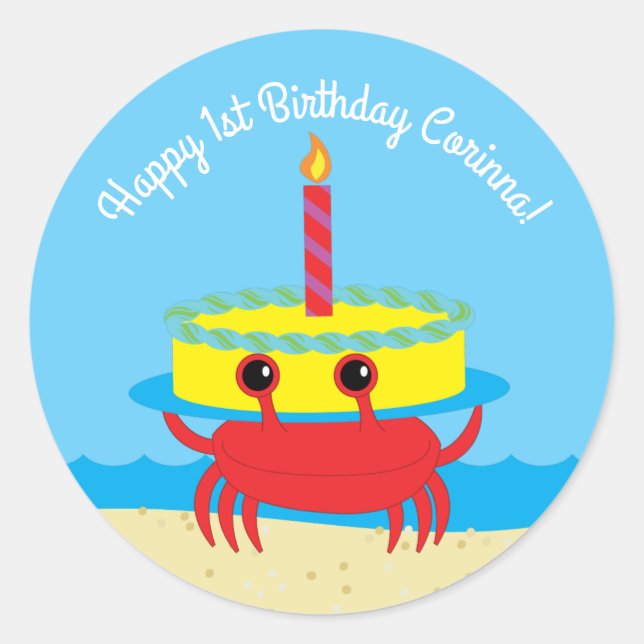 Cute Crab Beach Kid's Birthday Party Classic Round Sticker (Front)