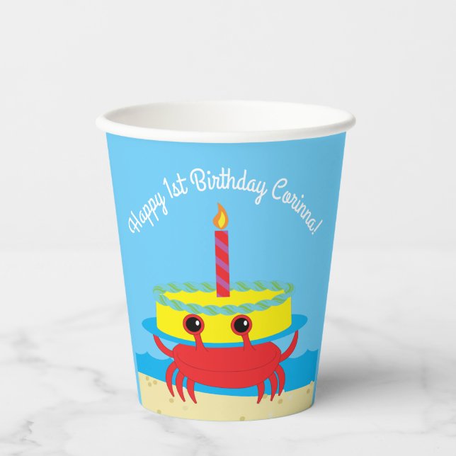 Cute Crab Beach Kid's Birthday Party Paper Cups (Front)