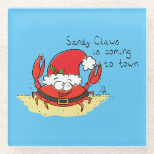 Cute Crab Christmas Funny Holiday Santa Cartoon Glass Coaster