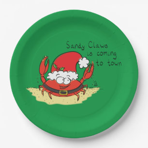 Cute Crab Christmas Funny Holiday Santa Cartoon Paper Plate