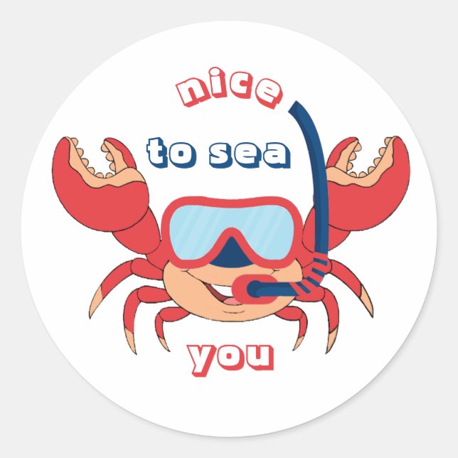 Cute Crab Snorkel Cartoon Nice To Sea You Classic Round Sticker (Front)