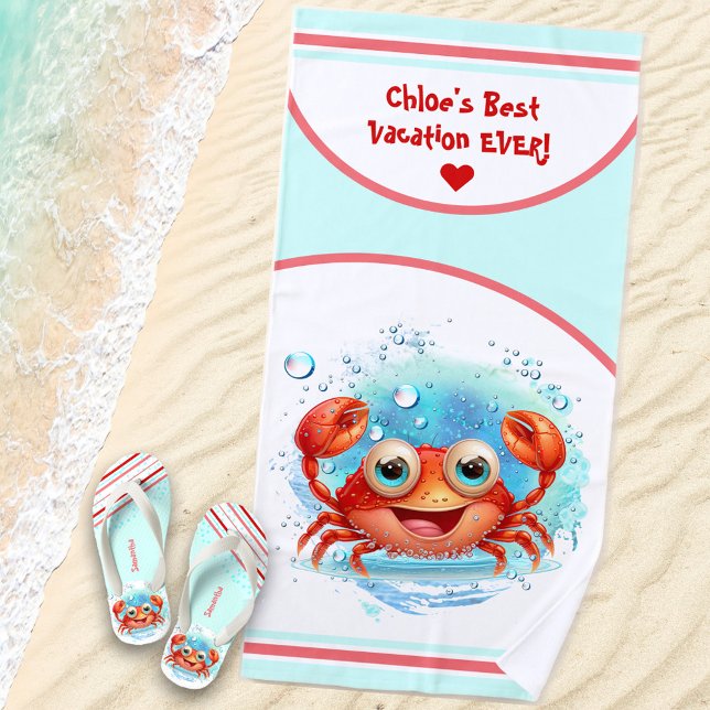 Cute Crab Summer Vacation name Girl Beach Towel (Creator Uploaded)