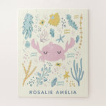 Cute Crab Underwater Shells Pastel Custom Name Jigsaw Puzzle<br><div class="desc">This cute custom jigsaw puzzle features a whimsical illustration of a crab surrounded by shells,  flora,  starfish,  and more,  in a pretty pastel colour palette of pink,  blue,  and yellow. Personalise it with your name. Great gift idea!</div>