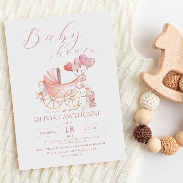 Cute Cradle Girl Bunny Pink Baby Shower Party Invitation (Creator Uploaded)