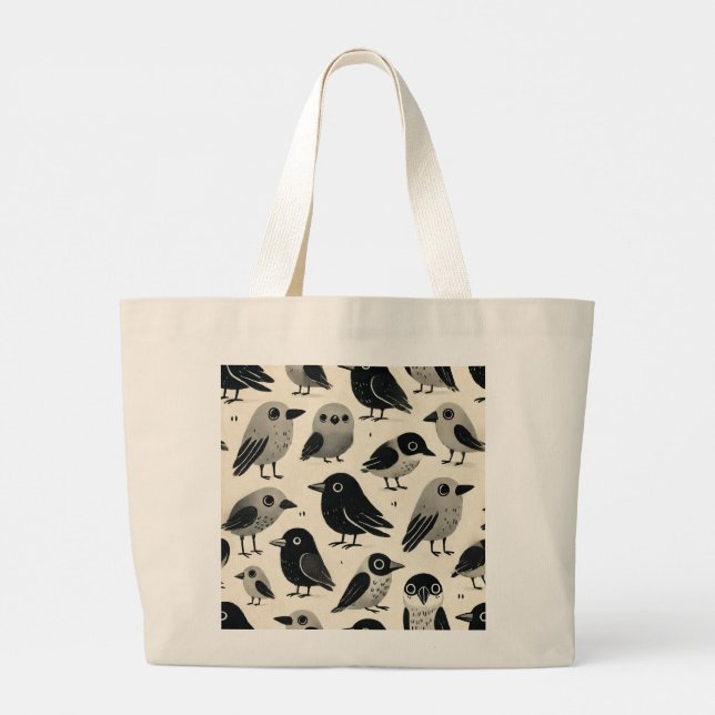 Cute Crafty Crows Print Design Large Tote Bag (Back)
