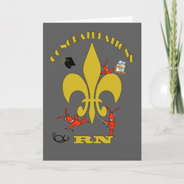 Cute Crawfish Fleur de Lis Congratulations RN Card (Front)