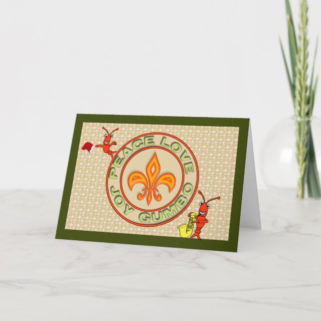 Cute Crawfish Neon Peace Love Gumbo Christmas Holiday Card (Front)