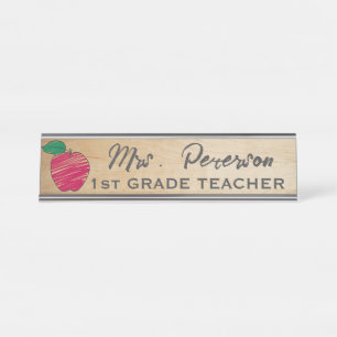 Cute Crayon Apple Personalised Wooden Teacher Desk Name Plate