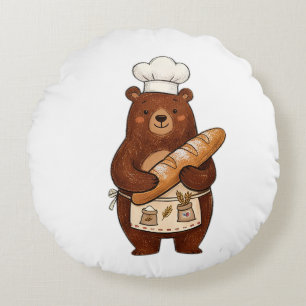 Cute Crayon Baker Bear with French Bread Chef T-Sh Round Cushion