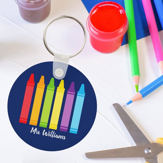 Cute Crayon Elementary School Teacher Custom Key Ring (Creator Uploaded)