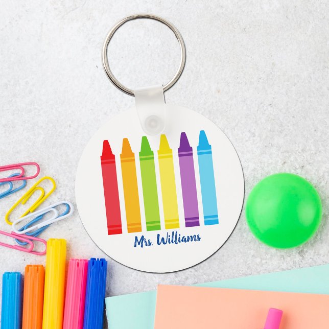 Cute Crayon Elementary School Teacher Personalised Key Ring (Creator Uploaded)